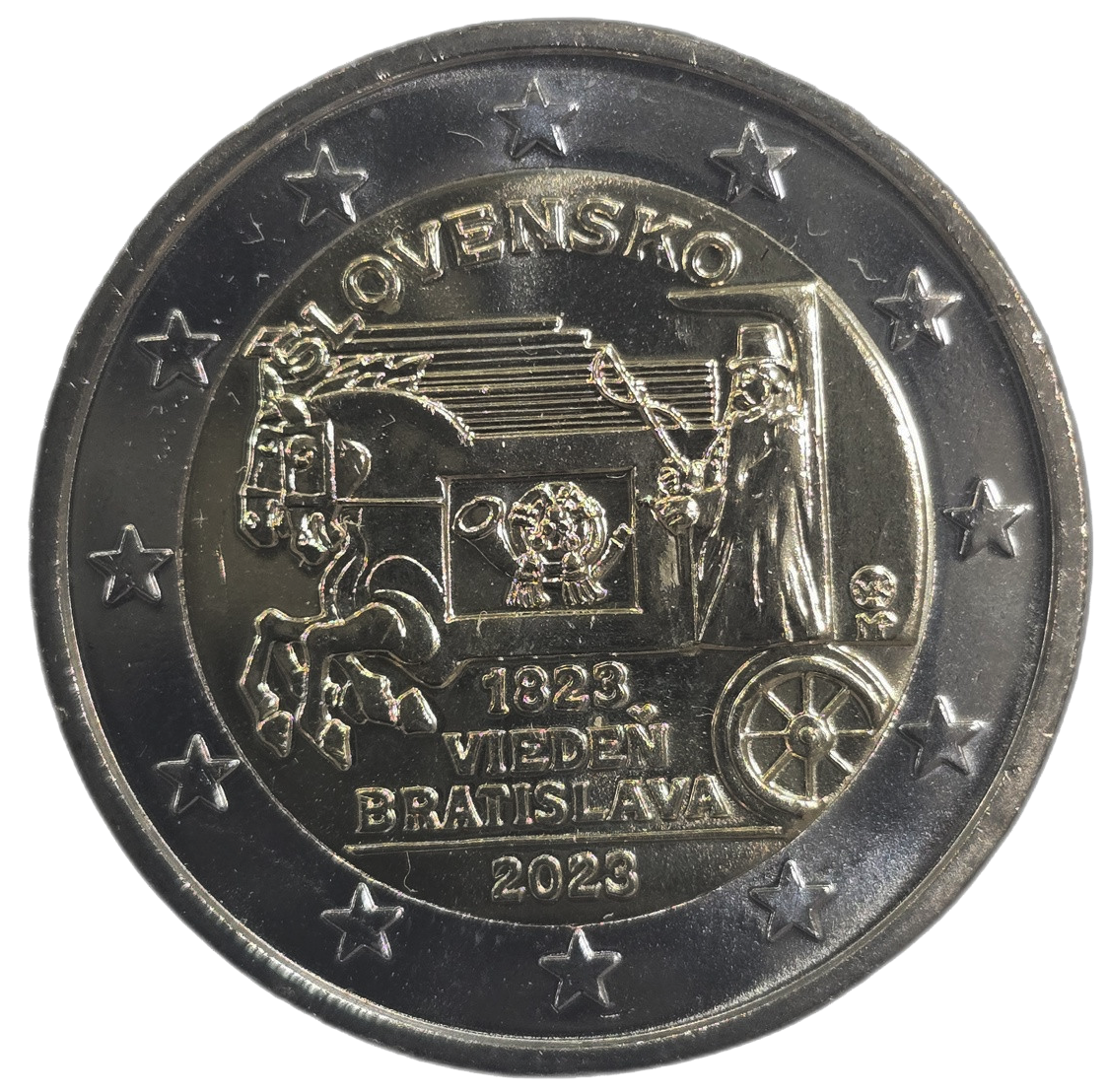 2 euros conmemorativa 200 aniversario del inicio del correo tirado por caballos ruta Viena - Bratislava